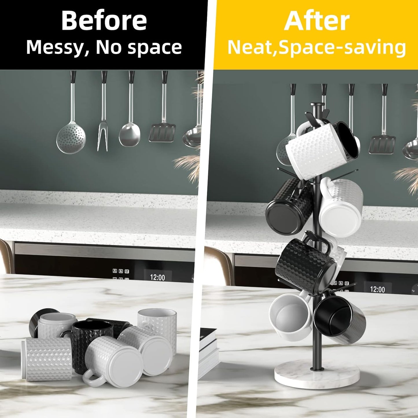 Marble Mug Holder Tree, 8 Hooks Coffee Cups Stand, New Upgraded Stable Mug Stand for Kitchen Counter Cabinet Cafe Black