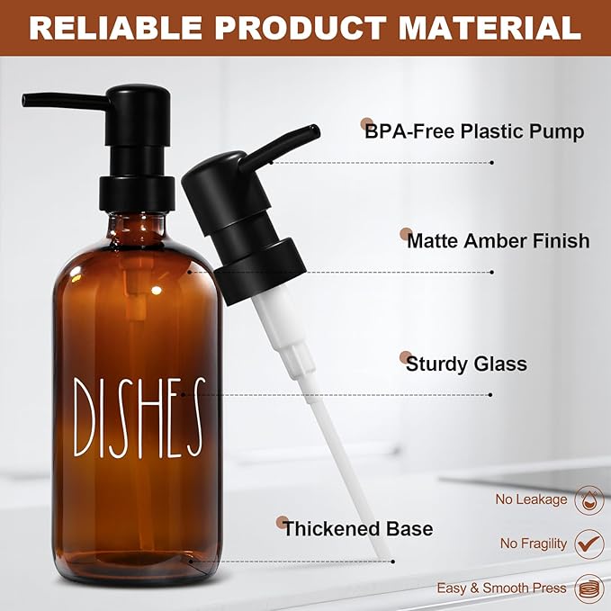 Amber Glass Soap Dispenser, Kitchen soap Dispenser with Sponge Holder, Dish and Hand soap Dispenser Set with Tray,Instant Dry Tray, Amber