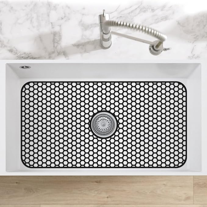 Bestjing Silicone Sink Protectors for Kitchen Sink with Center Drain - 29.7"x 15.5" Kitchen Protector Accessory, Non-Slip Heat Resistan Mat for Bottom of Farmhouse Stainless Steel Porcelain (Black)