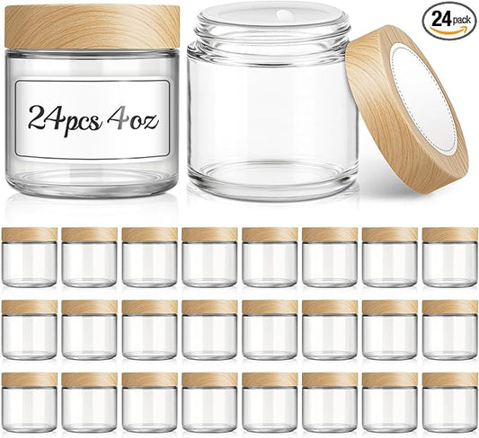 24Pcs 4 oz Small Glass Jars with Lids, Bumobum Clear Cosmetic Jars with Plastic Woodgrain Lids, 120ml Refillable Empty Containers for Cream, Salve, Powders and Lotion Storage