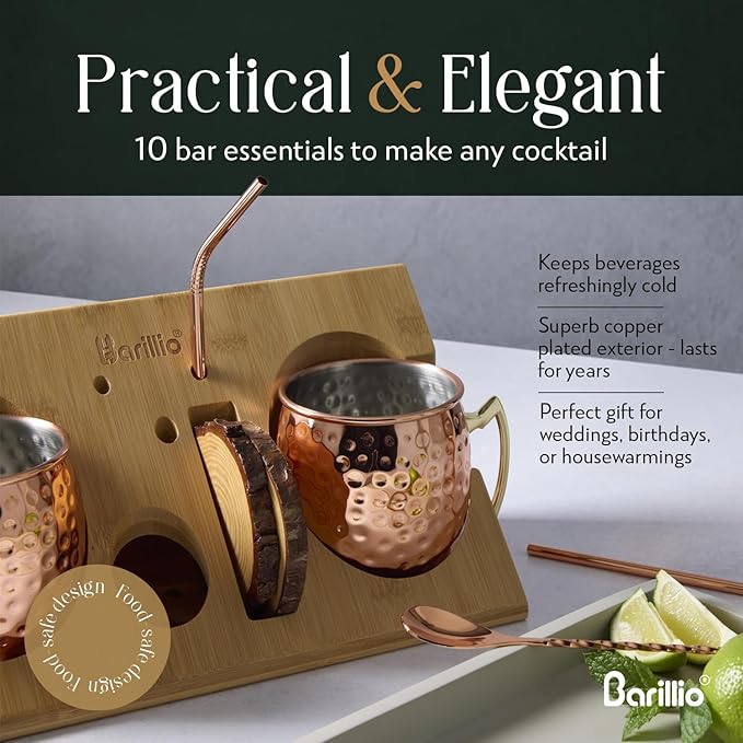 Barillio Moscow Mule Mugs Set - 2 Stainless Steel, Copper-Plated Cocktail Mugs with Bamboo Stand - Food-Safe, Moscow Mule Kit with Copper Cups, Drinking Straws and Mixing Spoon - 2 x 18 Oz