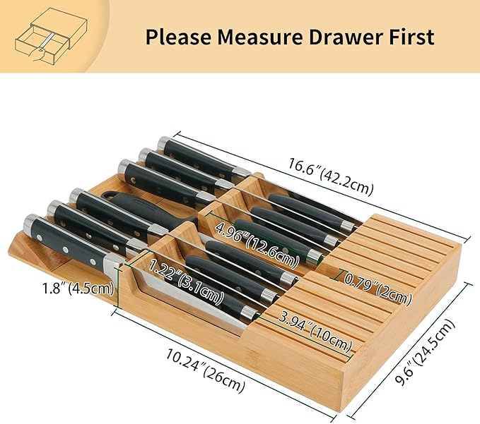 Utoplike in-Drawer Knife Block Bamboo Kitchen Knife Drawer Organizer, Handle Steak Knife Holder Without Knife, Fit for 12 Knives and 1 Sharpening Steel (Knives Not Included)