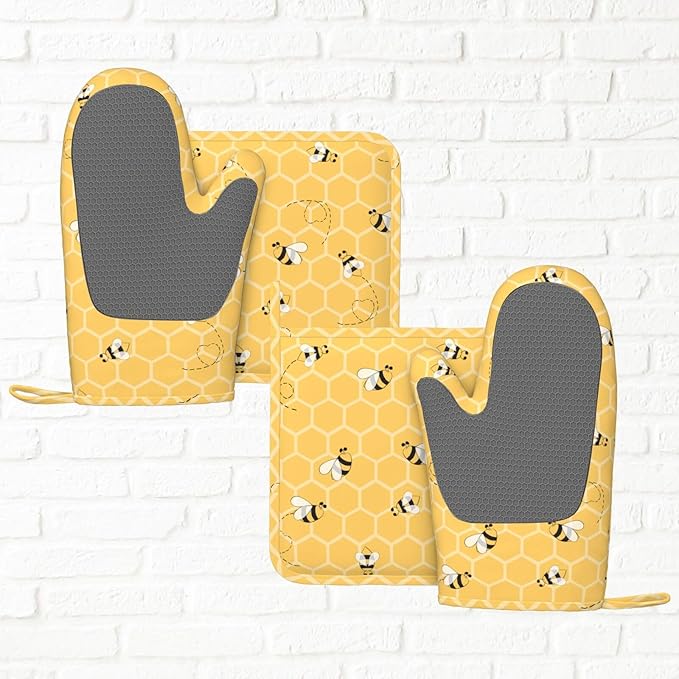 Yellow Honey Honeycomb Cute Bee Oven Mitts And Pot Holders Set Of 4 Silicone Heat Resistant Oven Mitten Potholders Non Slip Gloves Kitchen Decor For Bbq Cooking Grilling Baking