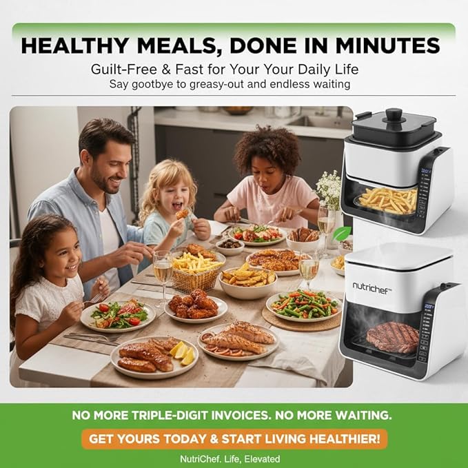 NutriChef 4 QT Air Fryer & Grill | 8-1 Preset Cook Modes | Transparent Fry Bowl for Best Cooking Results | Cook Shrimp, Steak, Fries, Wings & More | 4 QT Glass Air Fryer & 1.2 QT Grill | White