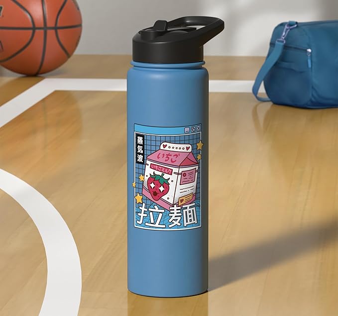 Strawberry Milk Carton Kawaii Grid Vaporwave Aesthetic Anime Stainless Steel Insulated Water Bottle