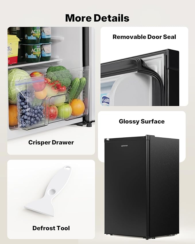 Upstreman 3.2 Cu.Ft Mini Fridge with Freezer, Single Door Compact Refrigerator, Adjustable Thermostat, Small Refrigerator for Dorm, Bedroom, Office, Black-BR321