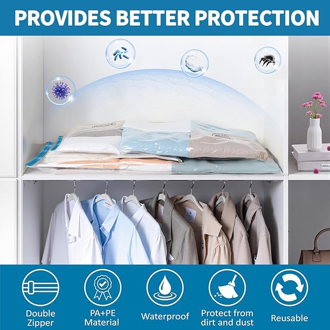 Travel Vacuum Storage Bags with hand Pump,15 Pack Compression Bags for Clothes, Space Saver for Luggage & Carry-on Suitcase, Leak-Proof