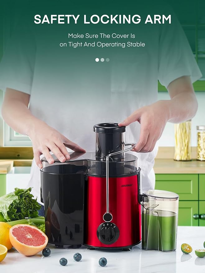 Juicer Machine, HOUSNAT Centrifugal Juicer 400 W Motor, 65MM Wide Chute for Whole Fruit and Vegetables, Juice Extractor with 3 Speeds, Upgraded Version Quick Juicing, Easy to Clean, BPA Free, Red