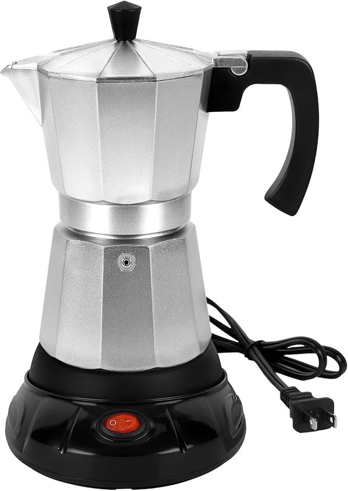 Silver Aluminum Electric Moka Pot, 3 or 6 Cups Espresso Maker with Dose Reduction Plate