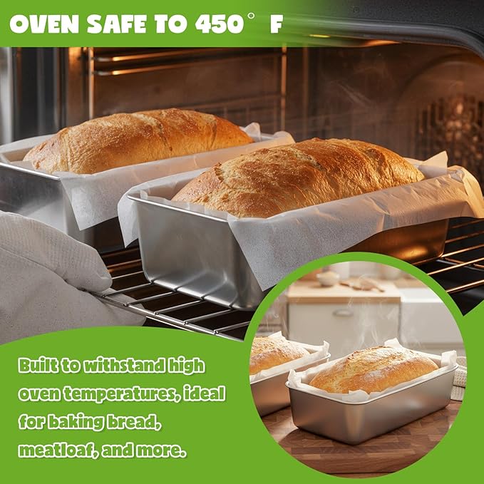 4 Packs 8.8×5.9 Inch Loaf Pans for Baking Bread, 304 Stainless Steel Loaf Bread Pan with Parchment Paper Liners, Metal Bakeware for Bread, Meatloaf, Cake Brownies, Easy Release, Oven & Dishwasher Safe