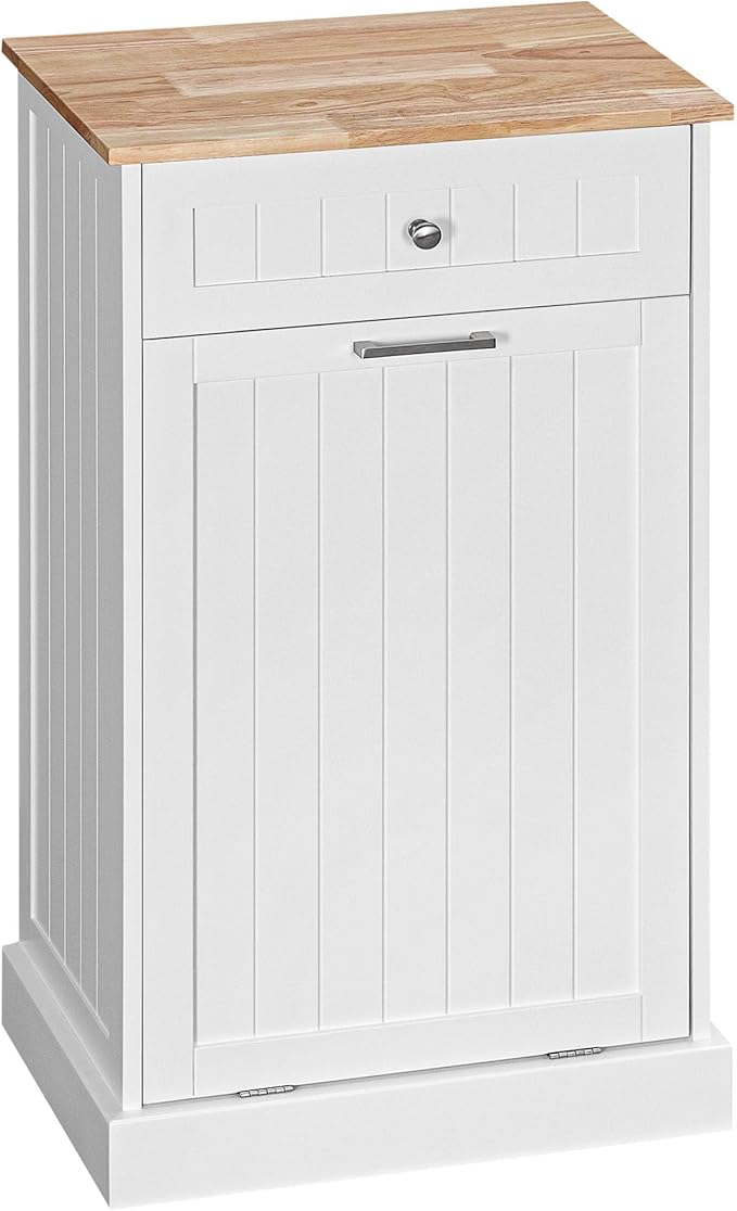 HRVEOCEI Single Tilt Out Trash Can Cabinet for 10 Gallon, Trash Can Holder Cabinet with Drawer, Farmhouse Garbage Cabinets for Kitchen Living Room, Easy to Clean (White + Wood)