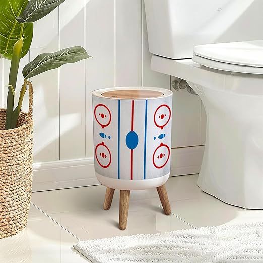 Trash Can with Lid Hockey Rink Hockey Rink Box Press Top Round Small Garbage Bin with Wooden Legs Waste Basket for Kitchen Bedroom Nursery 7L/1.8 Gallon