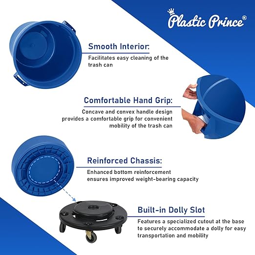 PLASTIC PRINCE 20 Gallon Round Trash Can Container with Lid Blue Plastic Commercial Garbage Bin for Home Garage Restaurants Warehouses
