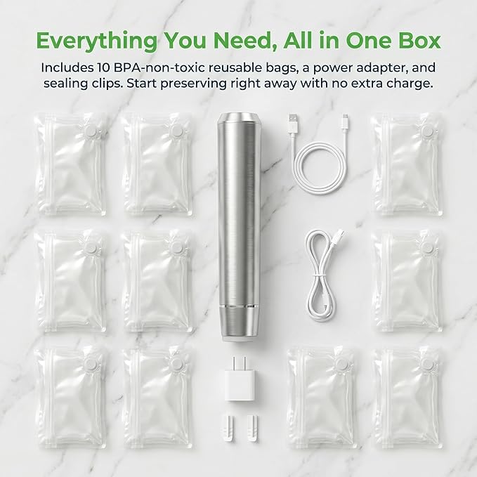 Handheld Vacuum Sealer, 304 Stainless Steel Food Saver Vacuum Sealer Machine with 10 Reusable Bags & Adapter, Cordless Rechargeable Compact Vacuum Sealer for Food, Keep Fresh & Reduce Waste