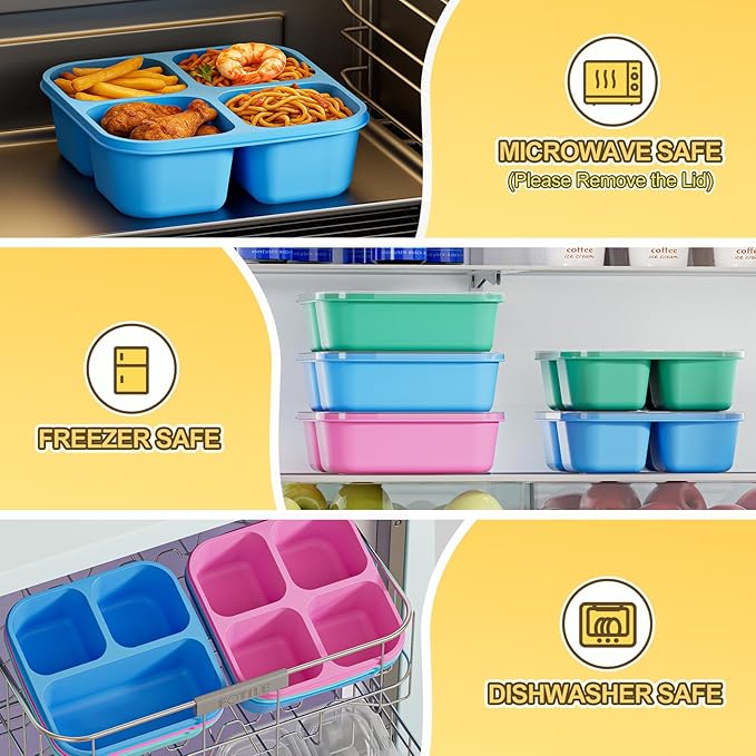 6 Pcs Snack Box Container Set, Reusable 3&4 Compartment Meal Prep Snack Containers for Adults Kids Toddler, BPA-Free Divided Lunchable Container for School, Work and Travel (Transparent Lids)