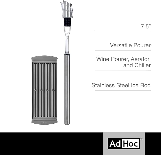 AdHoc Icepour Wine Chiller and Pourer - 3-in-1 Wine Pourer, Aerator & Chiller - Chilled Wine Accessory - Stainless Steel Wine Pouring Equipment & Refillable Silicone Ice Stick Tray