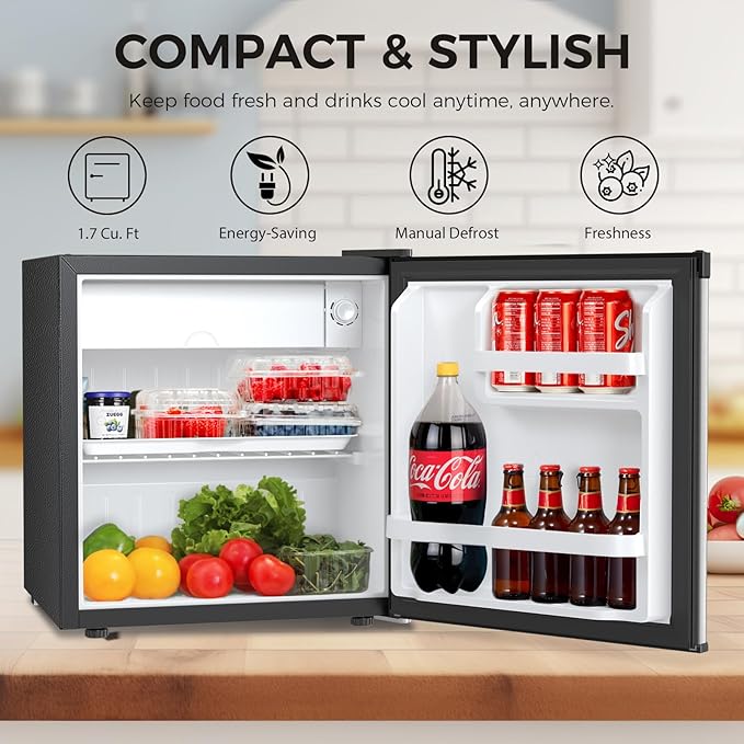 Antarctic Star Compact Refrigerator Mini Fridge with Freezer, Single Reversible Door, Dorm Fridge, Wire Shelf, Defrost Button, for Bedroom, Office, kitchen, 1.7 Cu. Ft, Steel