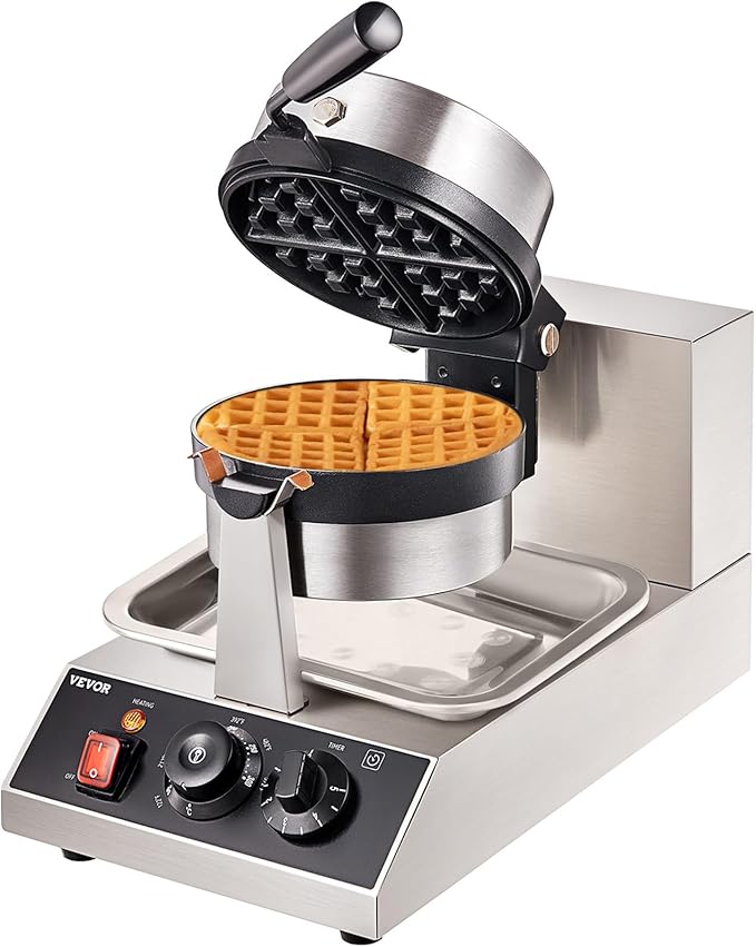 VEVOR Commercial Waffle Maker, 1 Piece per Batch, 1300W Round Waffle Iron, Non-Stick Waffle Baker Machine with 122-572℉ / 50-300℃ Temp Range Teflon-Coated Baking Pans Stainless Steel Body, 120V