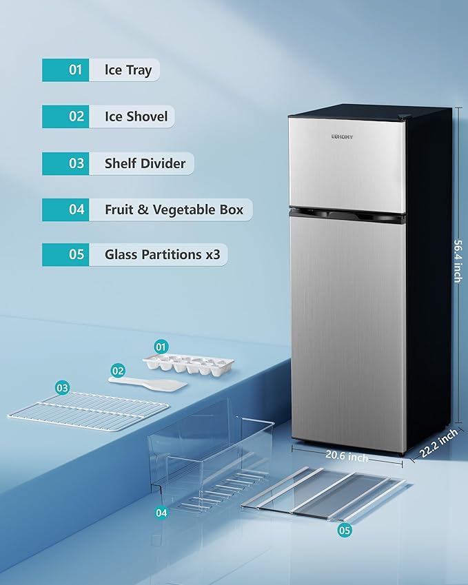 EUHOMY 7.4 Cu.Ft. Refrigerator with Freezer, 2 Door Fridge, Adjustable Thermostat，Large Capacity, Refrigerator for Kitchen/Dorm/Office/Apartment - Food Storage or Cooling drinks, Silver