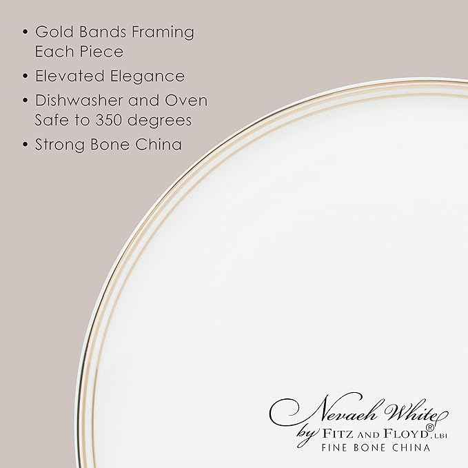 Everyday White by Fitz and Floyd Nevaeh Bone China Coupe Gold Bands Dinnerware Set, Service for 4