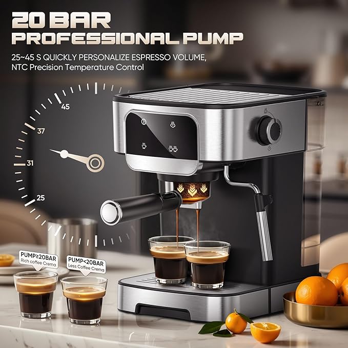 Espresso Machine 20 Bar, Professional Espresso Maker with Power Milk Frother, Compact Espresso Coffee Machine With LED Touch Screen for Home Latte, Cappuccino, 61OZ Removable Water Tank 2026