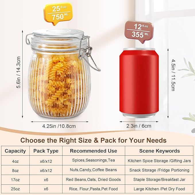 Glass Jars with Airtight Lids, 26oz Glass Storage Jars Set of 6, Thick Food Storage Containers for Pantry Organization, Kitchen Counter, Coffee, Pasta, Cereal
