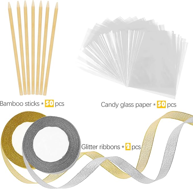 Ocmoiy DIY Candy Apple Kits - 100 Pcs Sticks and Bags With 50 Yard Gold and Silver Glitter Ribbons for Large Caramel Apple Lollipop Making Packaging Supplies