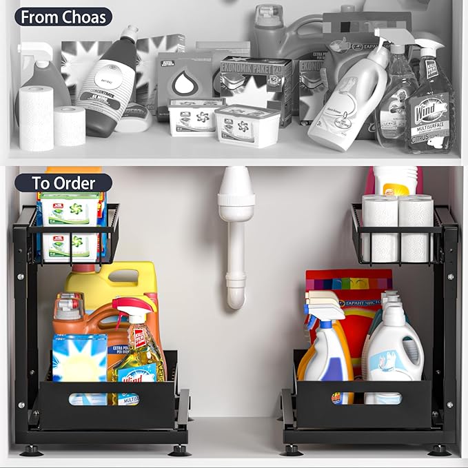L-Shaped Under Sink Organizer, 2 Pack 2-Tier Pull Out Metal Kitchen Cabinet Organizer with Sliding Storage Drawer, Height Adjustable Heavy Duty Under Bathroom Sink Storage for Cleaning Supplies