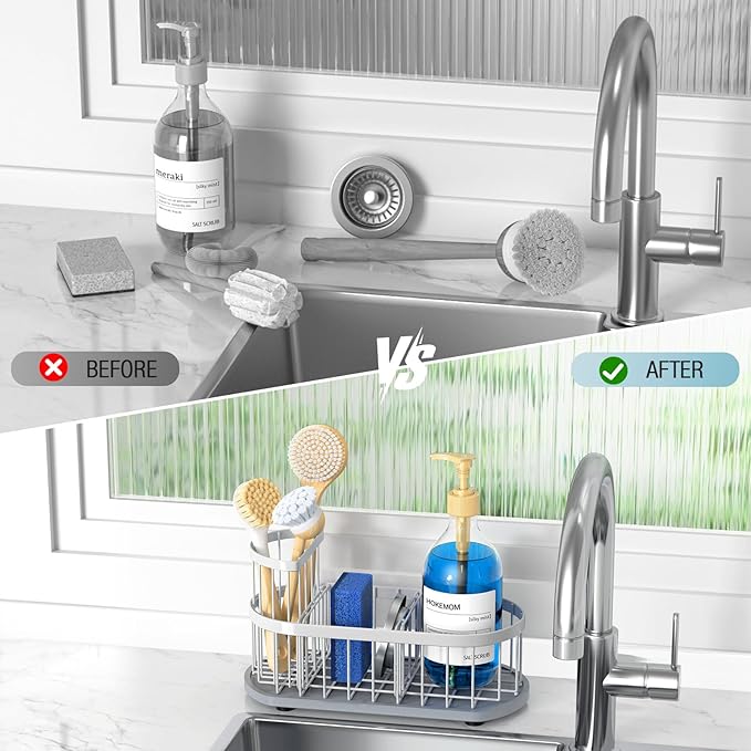 Sponge Holder for Kitchen Sink with High Brush Holder, [Stay-Dry Anywhere & No Drainage Needed] Rustproof Stainless Steel Kitchen Sink Caddy Organizer with Water Absorbing Stone Tray, White