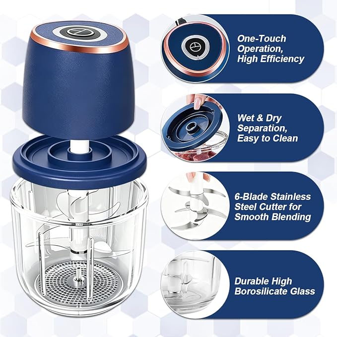 Electric Garlic Chopper, 2026 Upgraded Mini Food Processor 350ml, Cordless USB Rechargeable Food Chopper with 6 Stainless Steel Blades & Thickened Glass for Garlic Ginger Nuts Meat (350ml-White)
