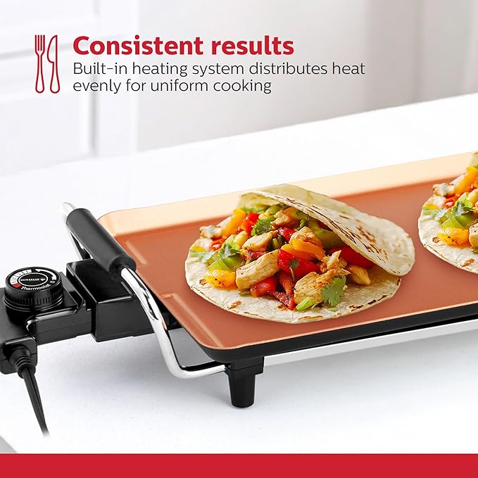 Holstein Housewares 16-Inch Electric Griddle, Healthy-Eco Non-stick Coating and Smokeless, Large Cooking Surface for Making Eggs, Chicken Chops and Ham, Multifunctional, Copper and Black Color