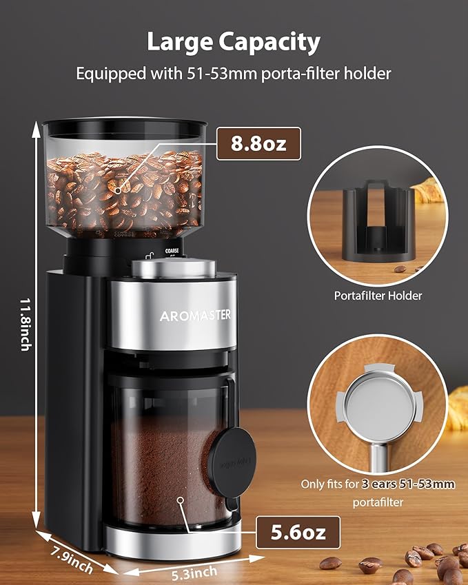 Aromaster Conical Burr Coffee Grinder with 25 Grind Settings,Adjustable 2-12 Cups Timer,Coffee Bean Grinder,3-Ear Portafilter Holder, Anti-static Design,Cleaning Brush Included,Black
