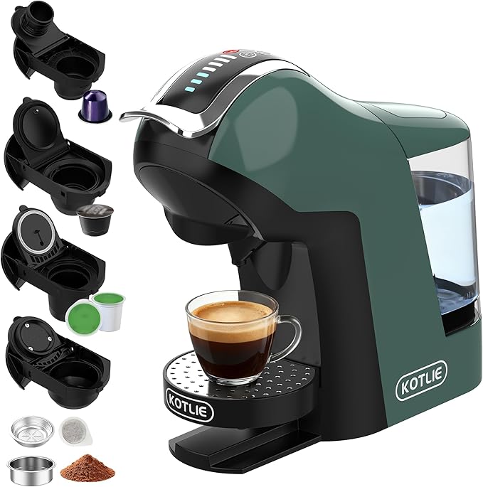 KOTLIE EM-308B Espresso Machine, Single Serve Coffee Maker Compatible with Multiple Capsule Types, Ground Coffee, and ESE Pods, 3 Temperatures, 7 Water Volume Levels, 34 Oz（Green）