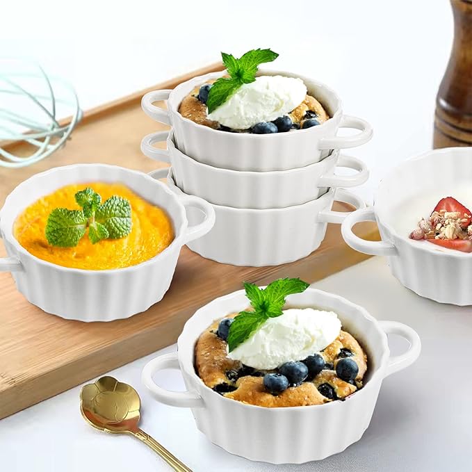 Foraineam 6 Pack Oven Safe Porcelain Souffle Dishes with Double Handles, 10 Ounce Round Mini Quiche Pan, Baking Pie Dish Ramekins For Pudding, Creme Brulee, Souffle