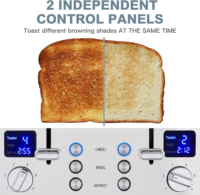CUSIMAX 4 Slice Toaster, Ultra-Clear LED Display & Extra Wide Slots, Stainless Steel Toaster with Dual Control Panels of 6 Shade Settings, Cancel/Bagel/Defrost Function, Removable Crumb Trays, Black