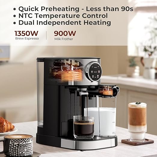 Electactic Espresso Machine 20 Bar, Super Compact Espresso Maker Stainless Steel with Touch Screen, Professional Coffee Machine, Automatic Milk Frother for Cappuccino