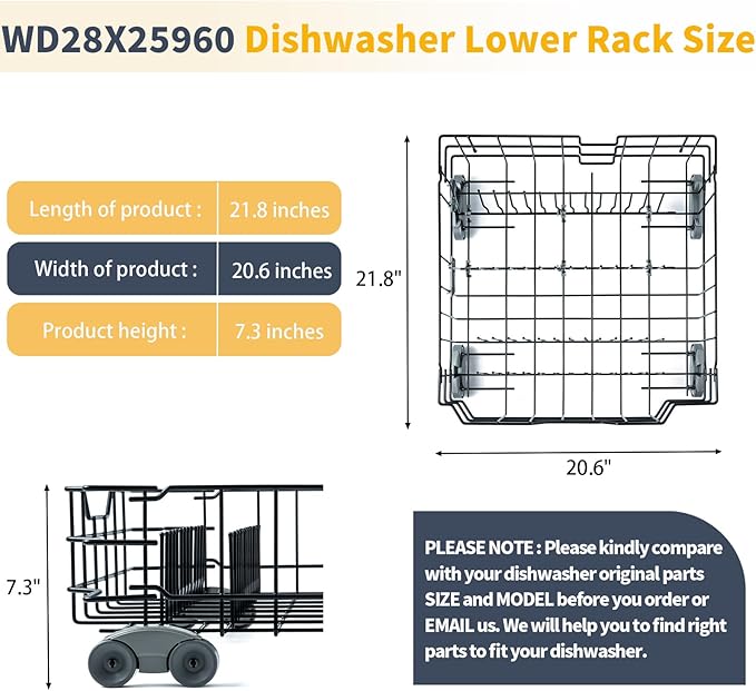 Allstare WD28X25960 Dishwasher Lower Rack Replacement Parts for GE Dishwasher Parts GE Profile Monogram Adora Triton XL Cafe Dishwasher Lower Dishrack Assembly GE Dishwasher Bottom Rack Drawer 1 Pack
