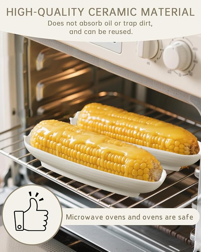 Ceramic Corn Cob Holders, 9" Corn on the Cob Dishes Set of 2, White Corn Cob Dishes with Non-Slip Bottom, With 4 Corn Cob Holders, Microwave Dishwasher Oven Safe