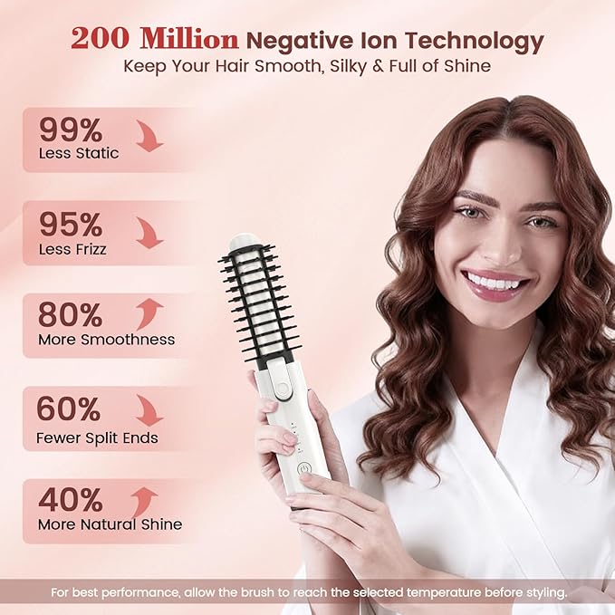 Youbella Cordless Hair Curling Iron Brush, Portable Travel Hair Curler, Mini 1.5″ Heated Round Brush, 3-in-1 USB Rechargeable Straightening Wand for Styling & Smoothing, 200 Million Ionic Care, White