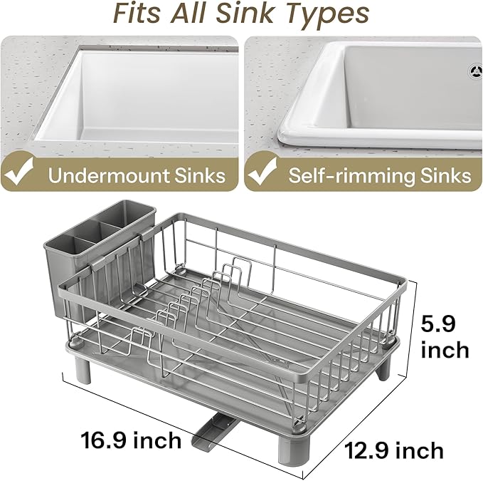 SNTD Dish Drying Rack - Small Dish Rack for Kitchen Counter, Stainless Steel Dish Drainer with Utensil Holder and Drainboard, 12.9" W x 16.9" L (Grey)