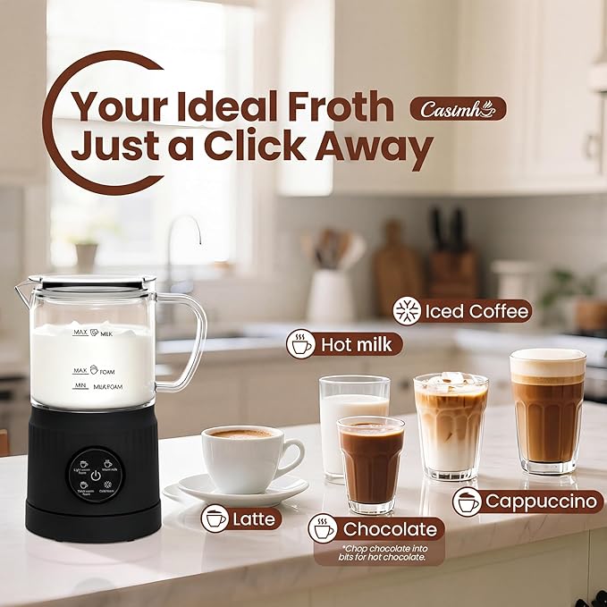 Casimhu 4-in-1 Milk Frother, Electric Milk Frother and Steamer with LED Touch Screen, Non-stick Bottom, Milk Warmer 13.52oz for Lattes, Cappuccinos, and Macchiatos at Home, Black