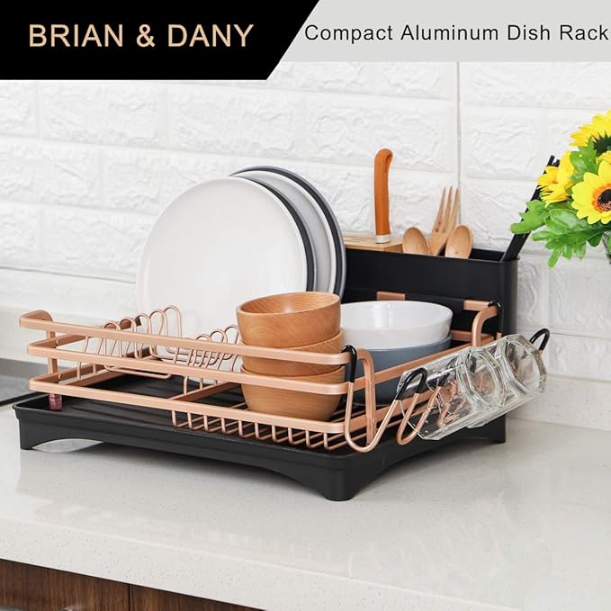 BRIAN & DANY Aluminum Dish Drying Rack, Dish Racks for Kitchen Counter, Dish Drainer with Removable Cutlery Holder & Cup Holder, Unique 360° Swivel Spout Drainboard, 16.5" L x 11.8" W, Golden