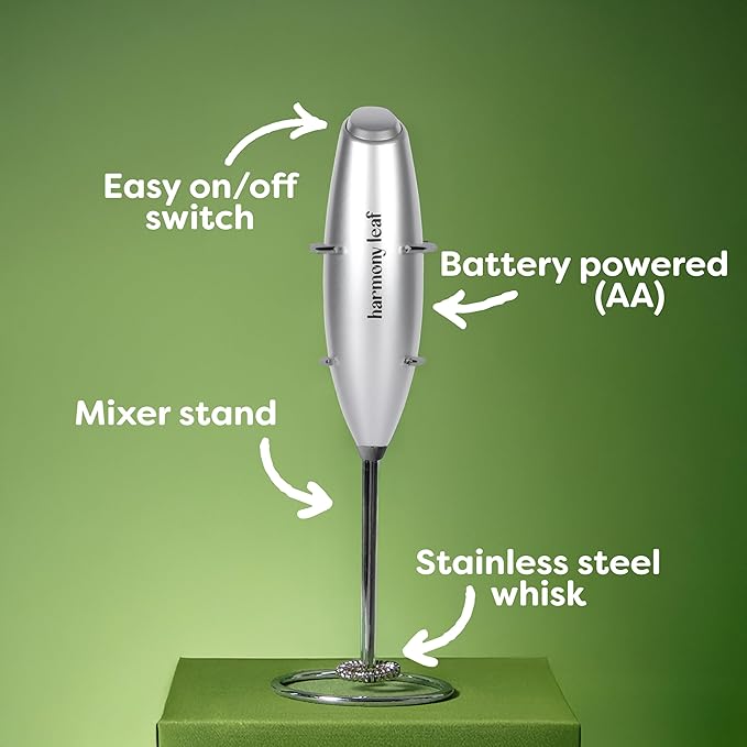 Harmony Leaf Handheld Milk Frother, Stainless Steel Electric Drink Mixer with Stand, Battery Operated Coffee Frother for Lattes, Matcha, Hot Chocolate and More, Silver