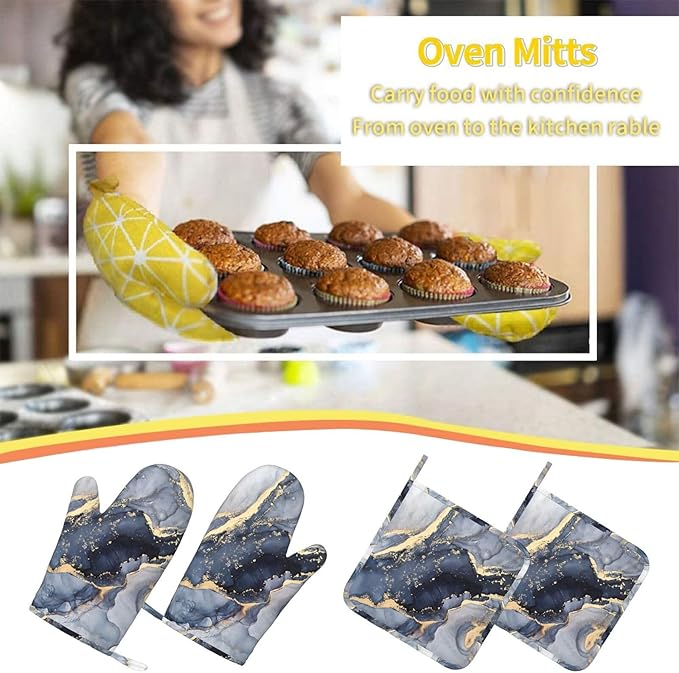 Blue Gold Marble Oven Mitts and Pot Holders Sets of 4, Heat Resistant Silicone Oven Mittens and Potholders Gloves Hot Pads for Kitchen Cooking Baking Grilling BBQ Chef