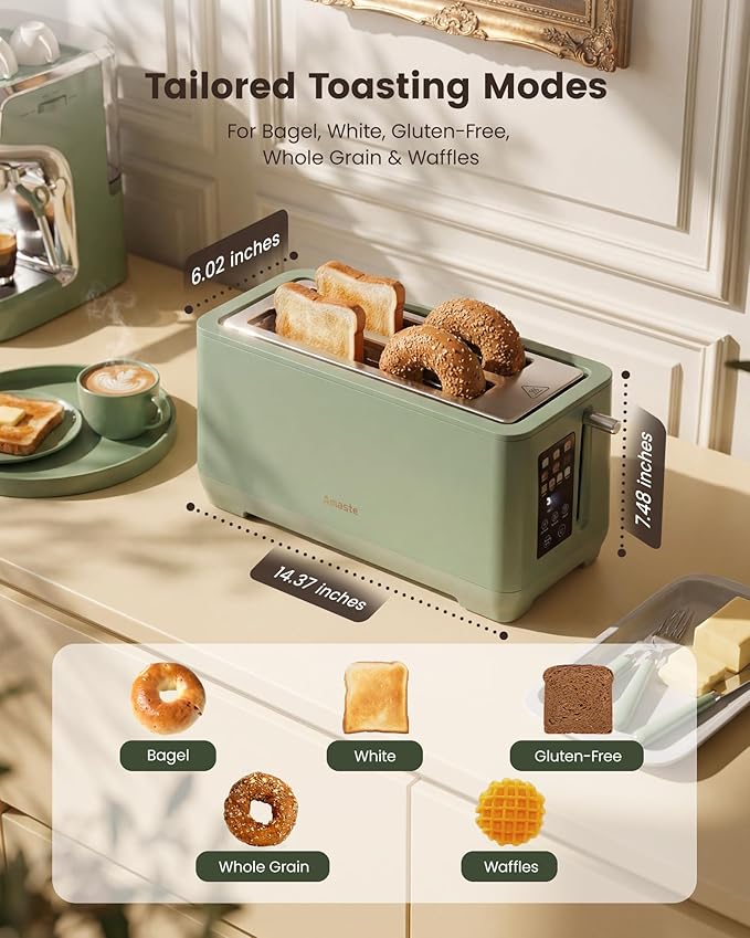 4 Slice Toaster, Long Slot Touch Screen Retro Toaster with Digital Countdown, Extra-Wide Slots for Bagels & Bread, 6 Browning Levels, 5 Bread Modes, Defrost Reheat Cancel, Stainless Steel