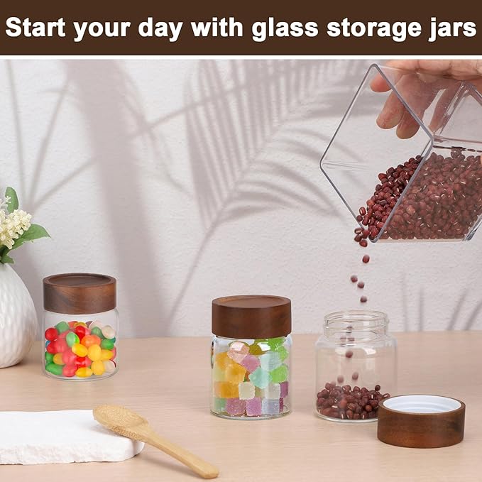 5oz Coffee Jars with Wood Lids, 4 Pack 160ml Clear Glass Storage Jars with Airtight Screw Lids, Empty Spice Bottles Food Storage Containers Meal Prep Canister for Salad, Sugar, Honey, Tea, Candy