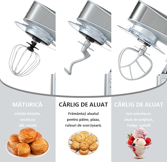 Multifunctional Stand Mixer, 6 in 1 Stand Mixer, 6.3Qt Tilt-head, Standing Mixer with Stainless Steel Bowl, Meat Grinder, Juice Blender, for professional Baking and Most Home Cooks, Silver