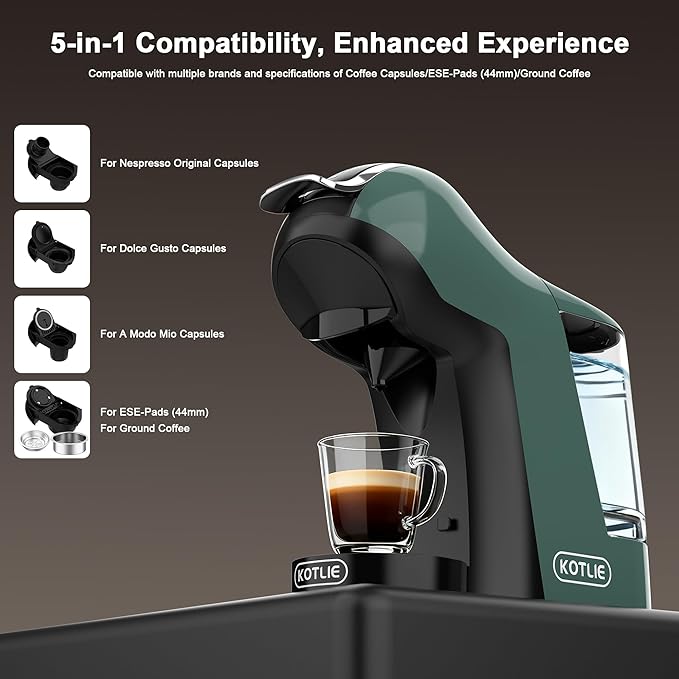 KOTLIE EM-308B Espresso Machine, Single Serve Coffee Maker Compatible with Multiple Capsule Types, Ground Coffee, and ESE Pods, 3 Temperatures, 7 Water Volume Levels, 34 Oz（Green）
