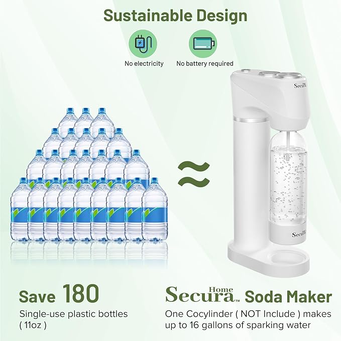 Secura Home Soda Streaming Machine Soda Maker, Sparkling Water and Carbonated Water Machine, Compatible with 60l Co2 Cylinders (Not Included)