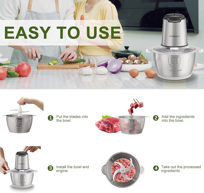 Liebe&Lecker Food Processor, Meat Grinder with 1 Bowl 8 Cup, Electric Food Chopper with 4 Large Sharp Blades for Meat, Fruits, Vegetables, Baby Food, Nuts, 2 Speed